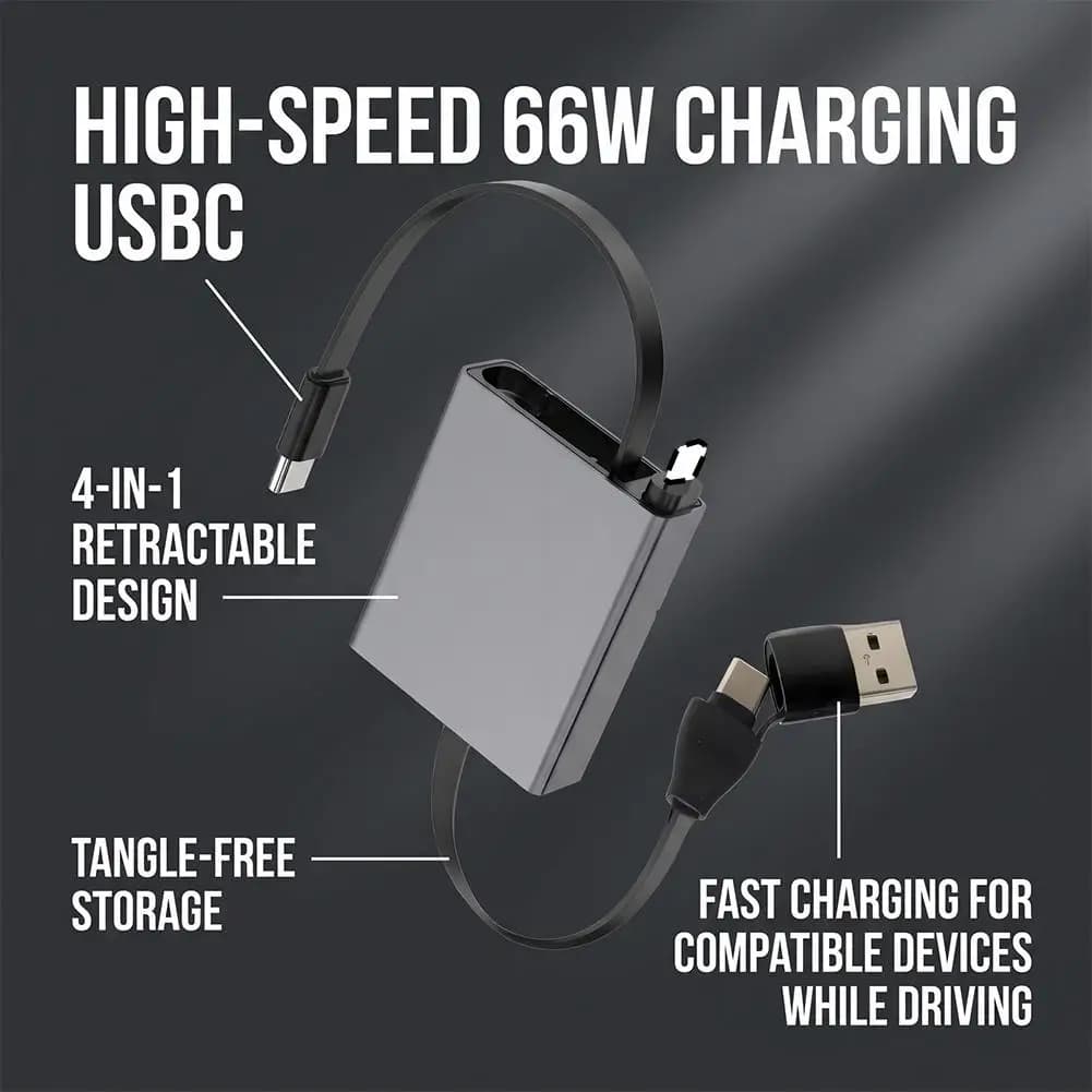 4 in1 Retractable Car Charging Cable Single Pull 6a 66w Fast Charge USB C Lightning Micro USB for Carplay Hicar Auto Accessories