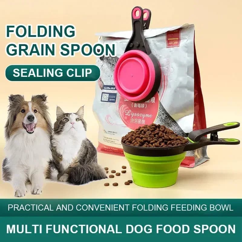 Alimentatore pieghevole per animali domestici Cucchiaio per acqua Ciotola per esterni Misurino per alimenti per gatti Clip per sigillare alimenti per cani Comode forniture multifunzionali per animali domestici