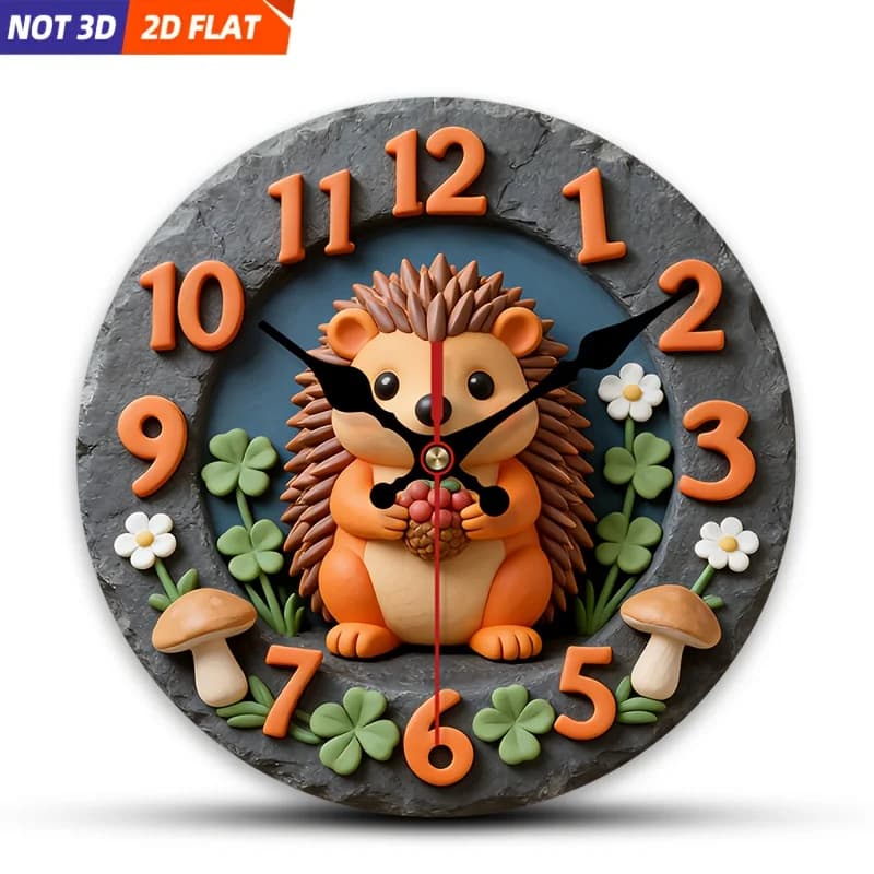 2D Piatto. 1 pezzo. Orologio da parete a tema Forest Hedgehog, orologio decorativo silenzioso, orologio da parete creativo, adatto per decorare le camere da letto