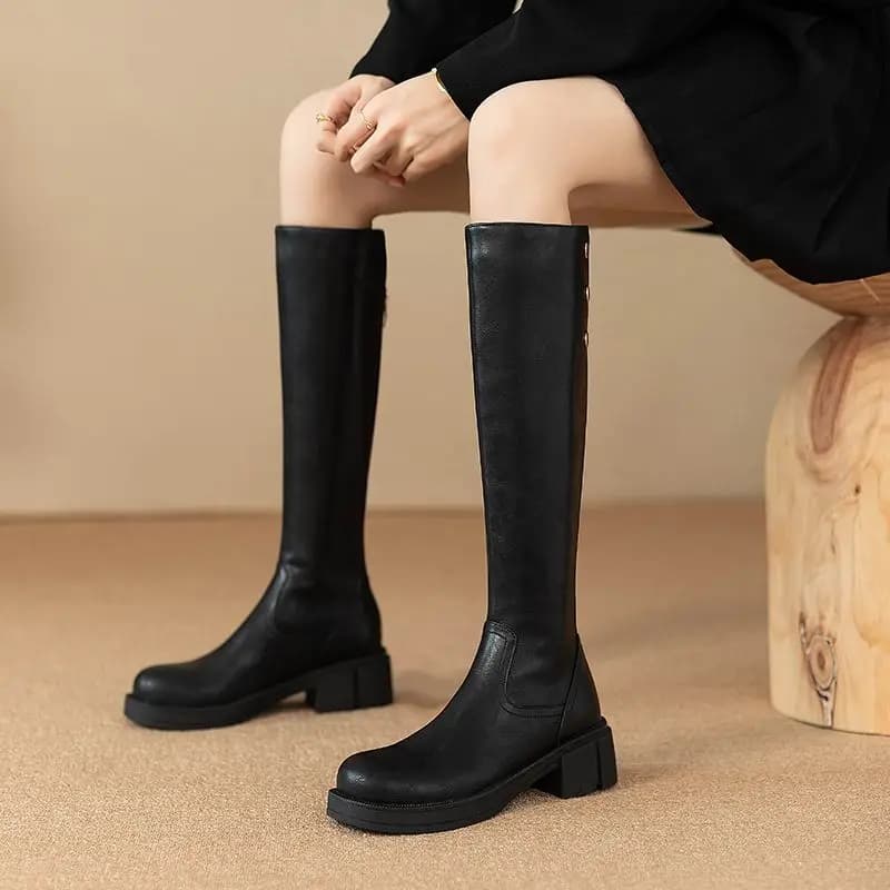 Autumn Winter Middle Heel Ladies Knee High Shaft Shoes Waterproof Pu Fashion 2025 Boot Designer Luxury Work Women's Long Boots