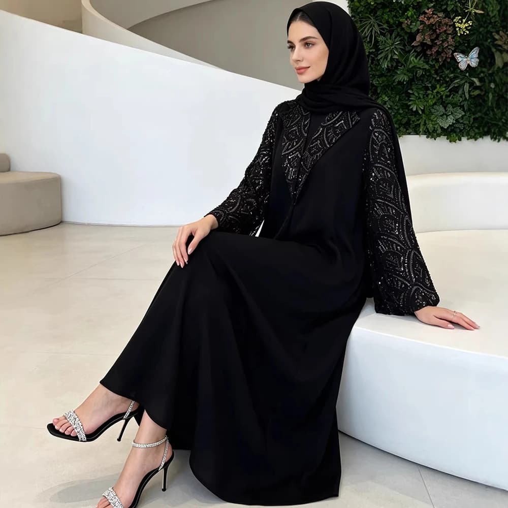 Abiti Musulmani da Donna, Abaya con Hijab, Paillettes, Jalabiya, Ramadan, Marocco, Dubai, Kaftan Islamico, Vestiti per Feste, Abito Lungo Arabo