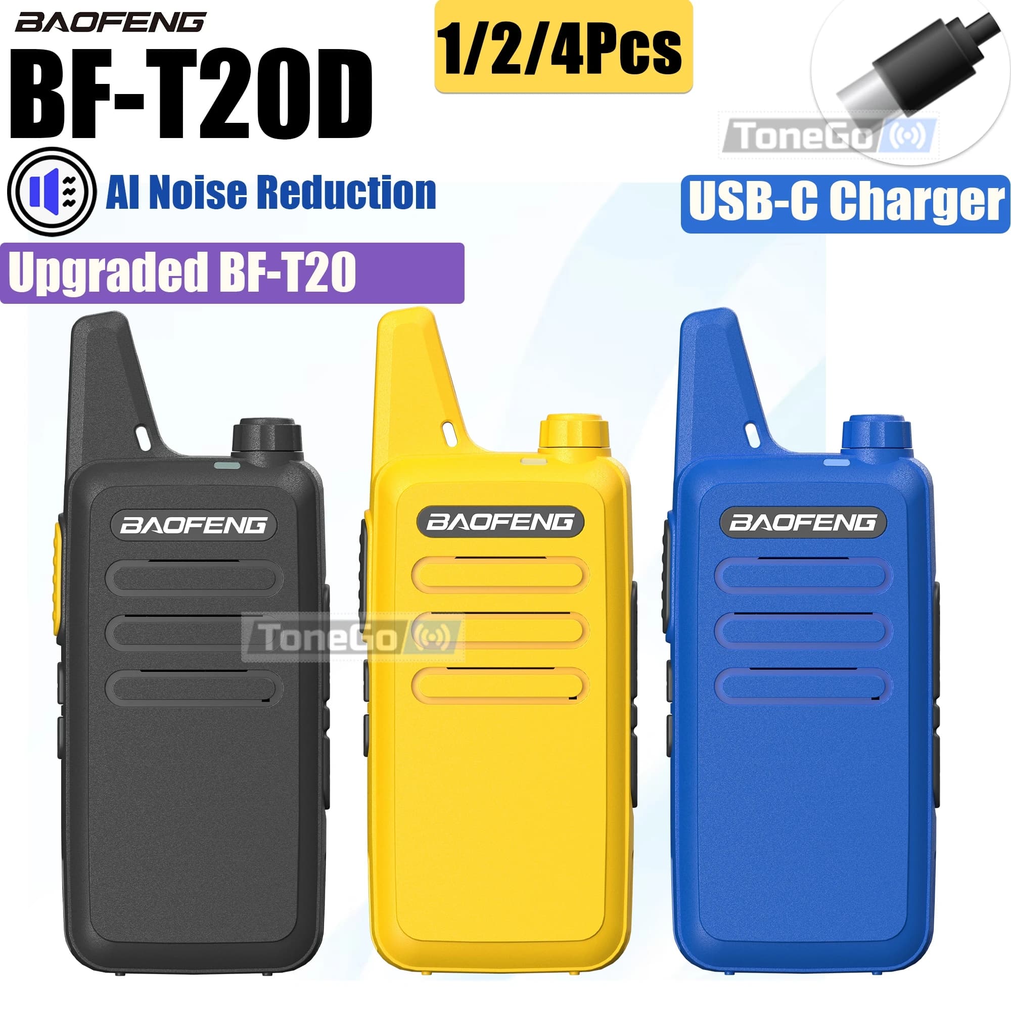 1/2/4x Baofeng BF-T20D Mini Walkie Talkie Riduzione del rumore Aggiornato BF-T20 UHF Radioamatore portatile USB-C 5KM a lungo raggio per il campeggio