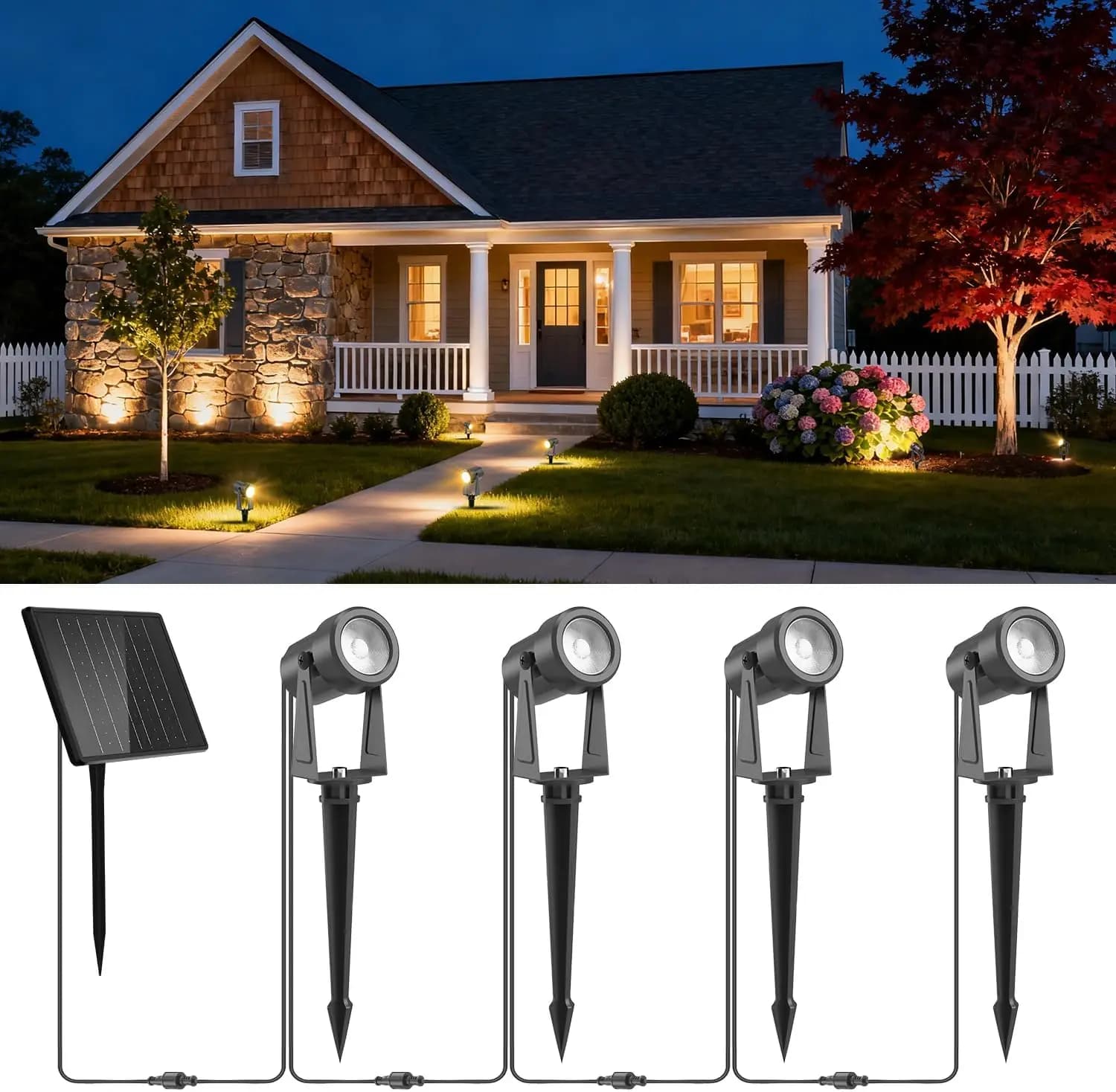 Faretti solari da giardino, pannelli monocristallini separati e alimentazione USB-C 5400mAh con accensione/spegnimento automatico al tramonto