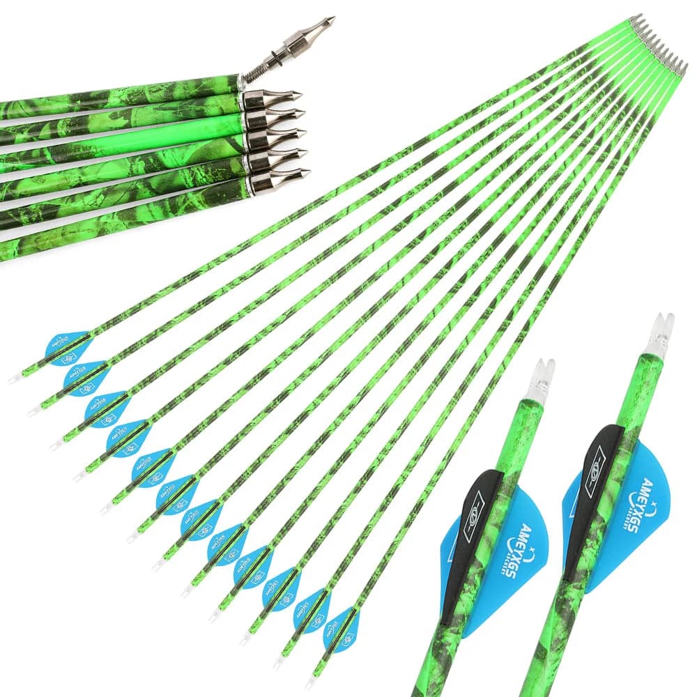 30 Inch Archery Mixed Carbon Arrows 12Pcs Spine500 ID 6.2mm Camo Shaft with Rubber Feathers for Outdoor Target Shooting
