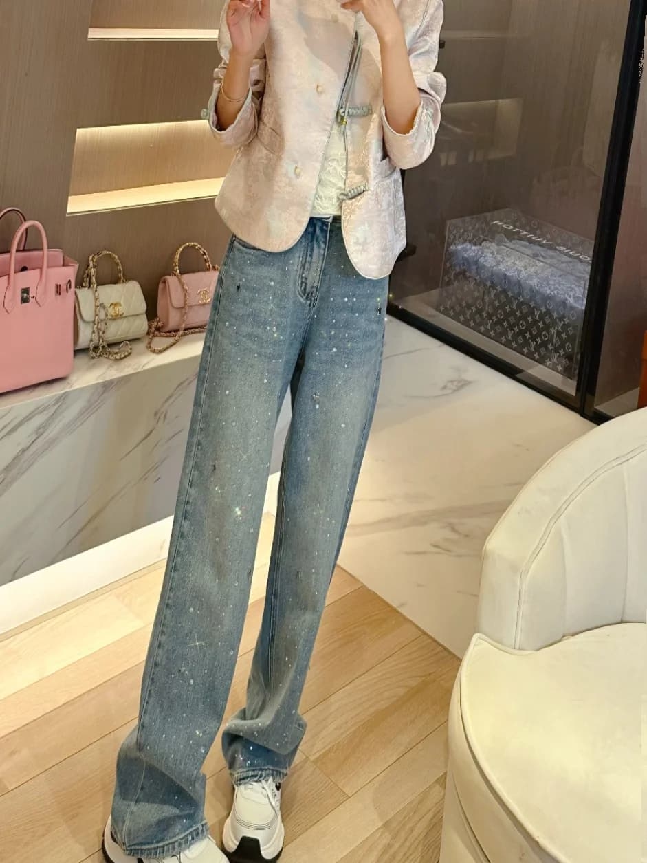 Shiny Star River Spring 2026 Women's Slim Straight Jeans Sparkling Fashionable High Waist Long Pants Glittering Denim