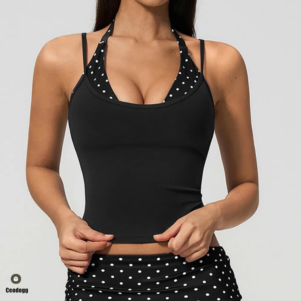 Polka Dot Women Strap Halter Yoga Bdra Tank Top High Support Sports Bra Gym Pilates Running Workout Fitness Athletic Vest XP204