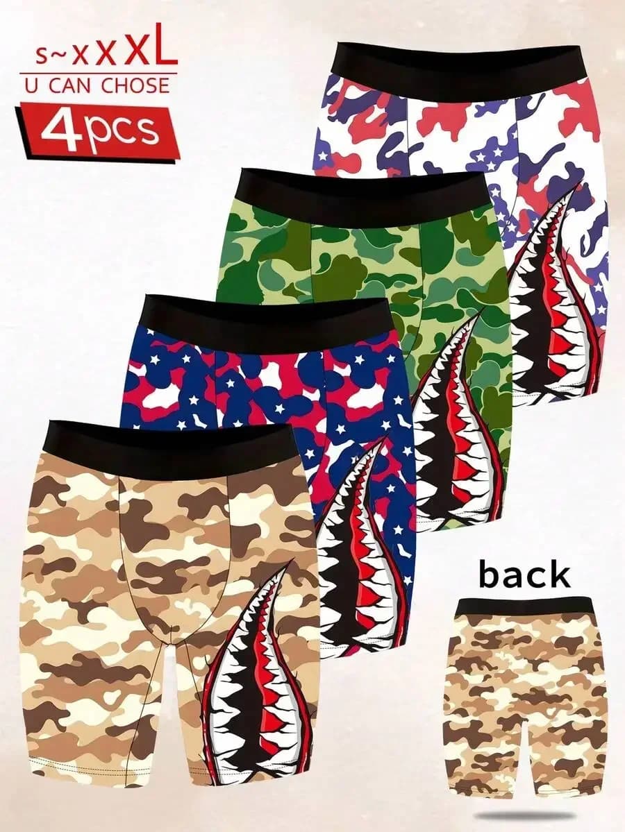 4pcs Mens Boxer Shorts Novelty Print Soft Breathable Polyester Knit Elastic Waist Casual Sports