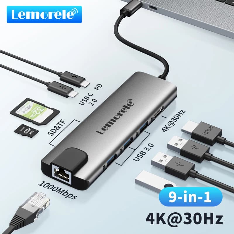 Lemorele TC39 Docking station 9 in 1 Hub USB 3.0 Tipo C Adattatore HDMI USB C 3.0 5 Gbps PD Powderd per Windows MacOS Laptop Apple