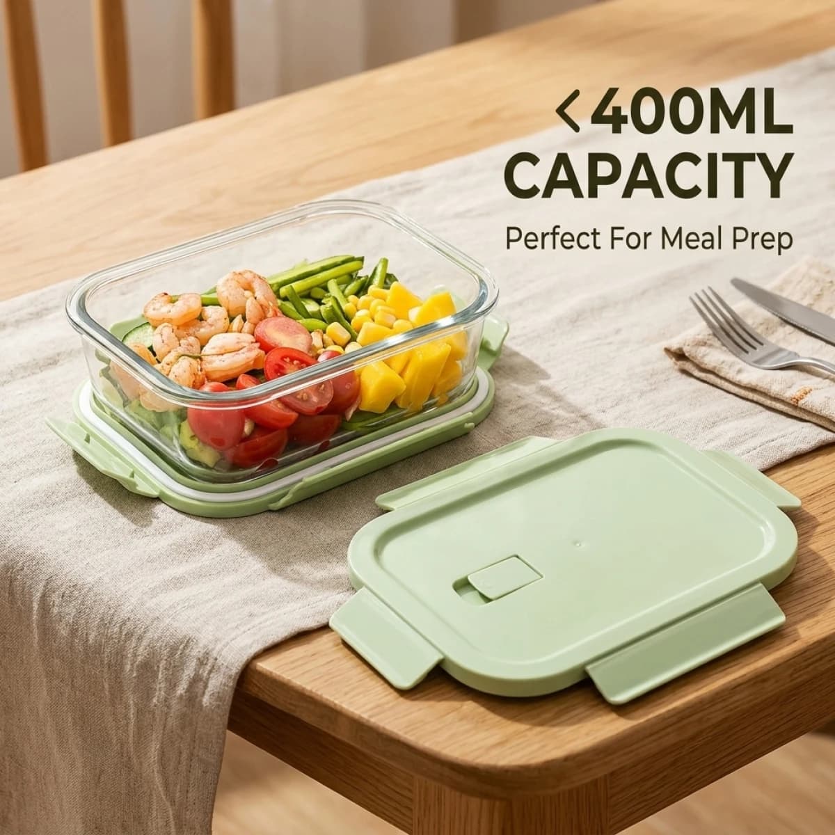 Resistente al calore fino a 400 gradi ° Contenitore per Pranzo in Vetro Verde C, Resistente al Microonde, Ermetico, con Coperchio