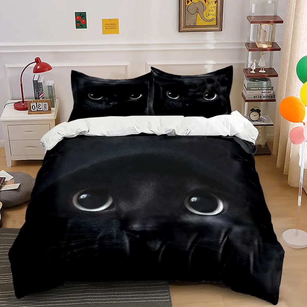 Set di biancheria da letto con gatto nero misterioso, 3 pezzi, copripiumino con stampa di gatto nero con cappuccio e occhi luminosi + 2 federe, decorazione fantasy scura