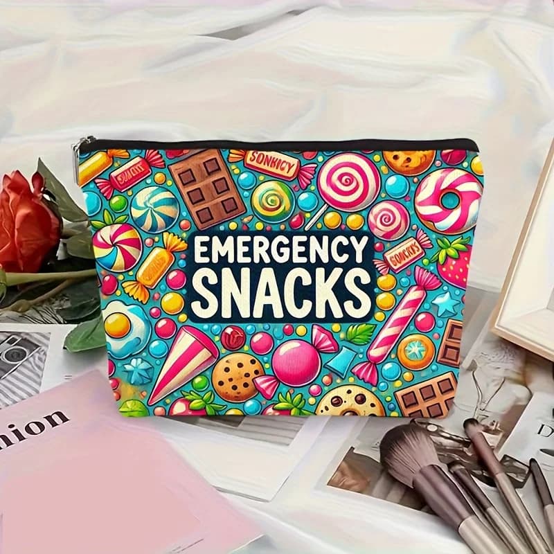 Borsa per cosmetici in lino per collezione di snack di emergenza, custodia per cosmetici leggera con cerniera per donna, borsa da viaggio per articoli da toilette e portamonete
