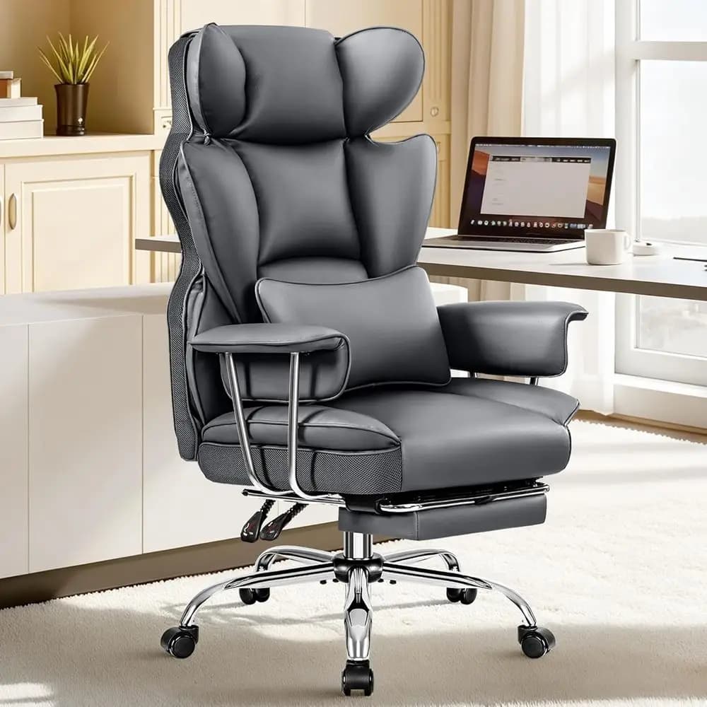 Ergonomic High-Back Leather Chair for Big and Tall, Wide Seat with Footrest, Reclining Desk Chair, Heavy Duty Gaming Seat with P