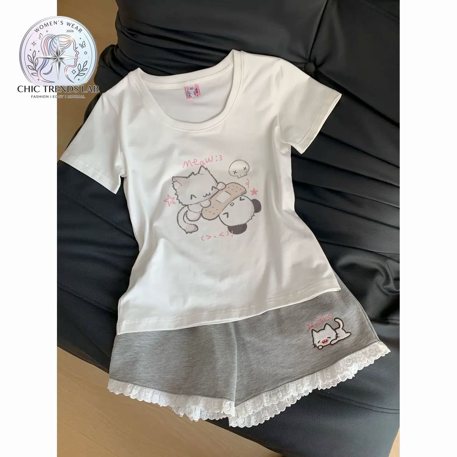 Kawaii Cat Anime Graphic T Shirt Lace Trim Shorts Set Women Y2K Loungewear Two Piece Pajamas Summer Soft Cotton Sleepwear Outfit