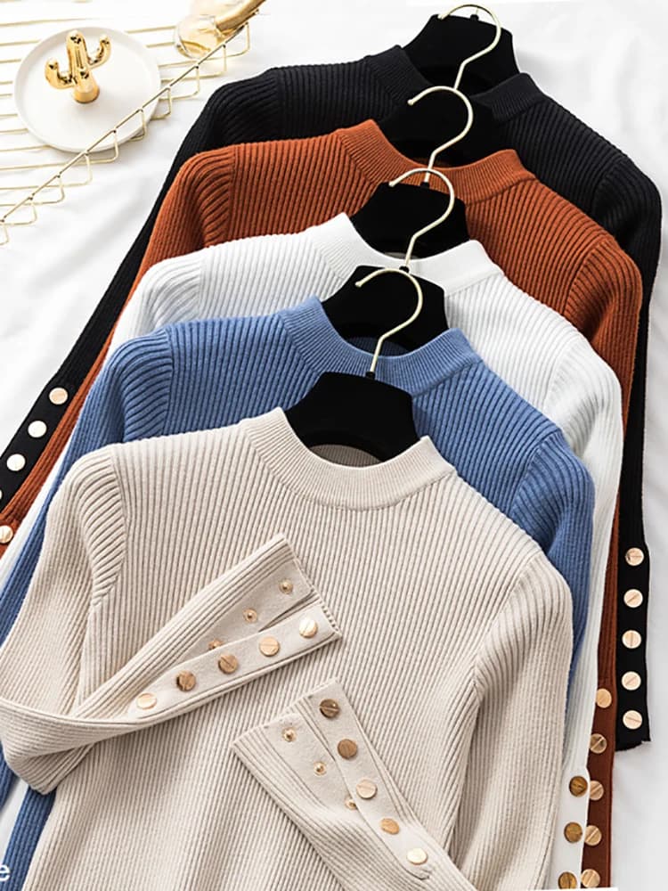 casual autunno inverno donna maglione spesso pullover manica lunga bottone o-collo maglione chic femminile top in maglia sottile top maglione morbido