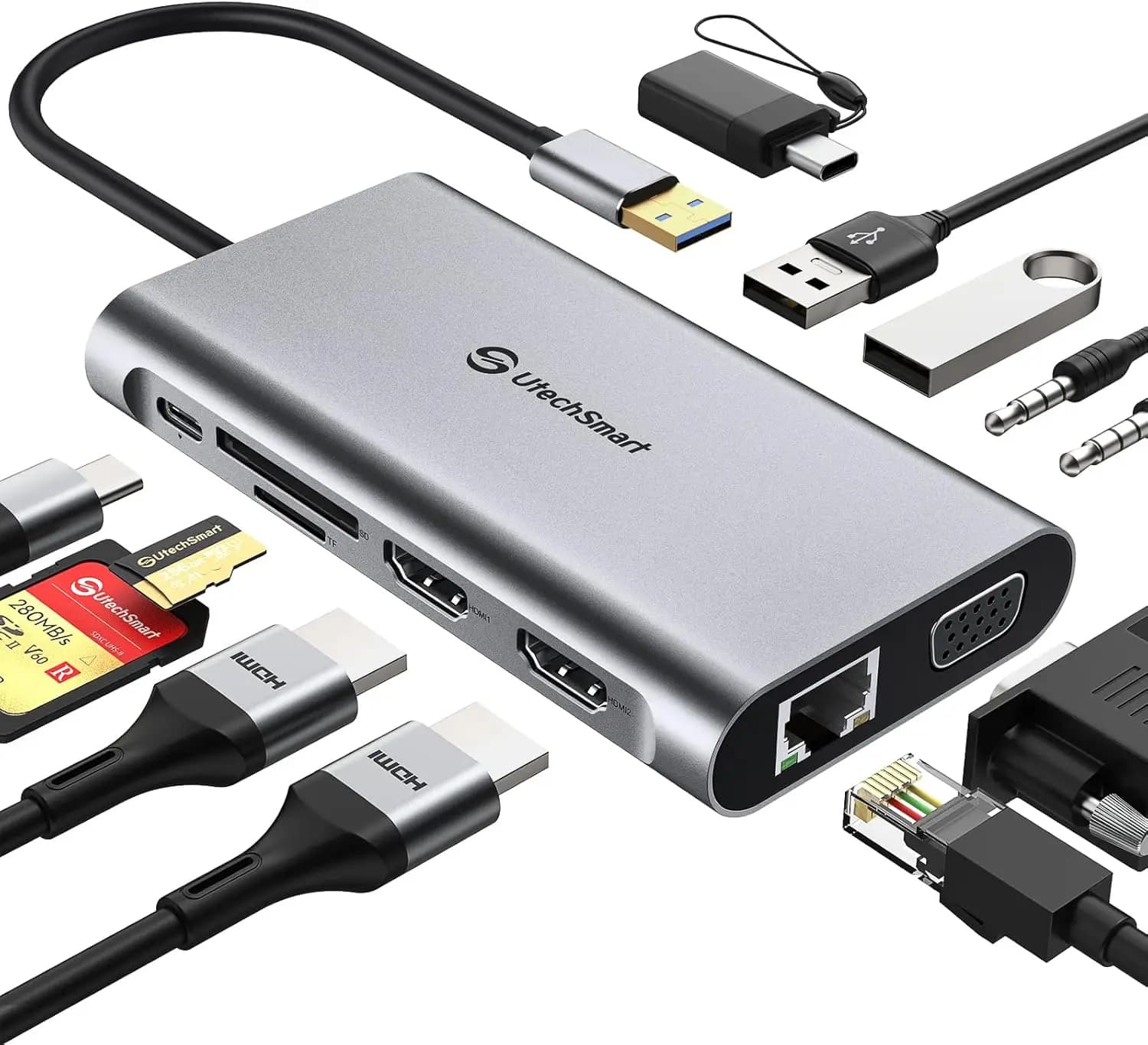 Docking Station USB C 11-in-1 con Triplo Display, Doppio HDMI, VGA, Ricarica PD, Ethernet per Laptop