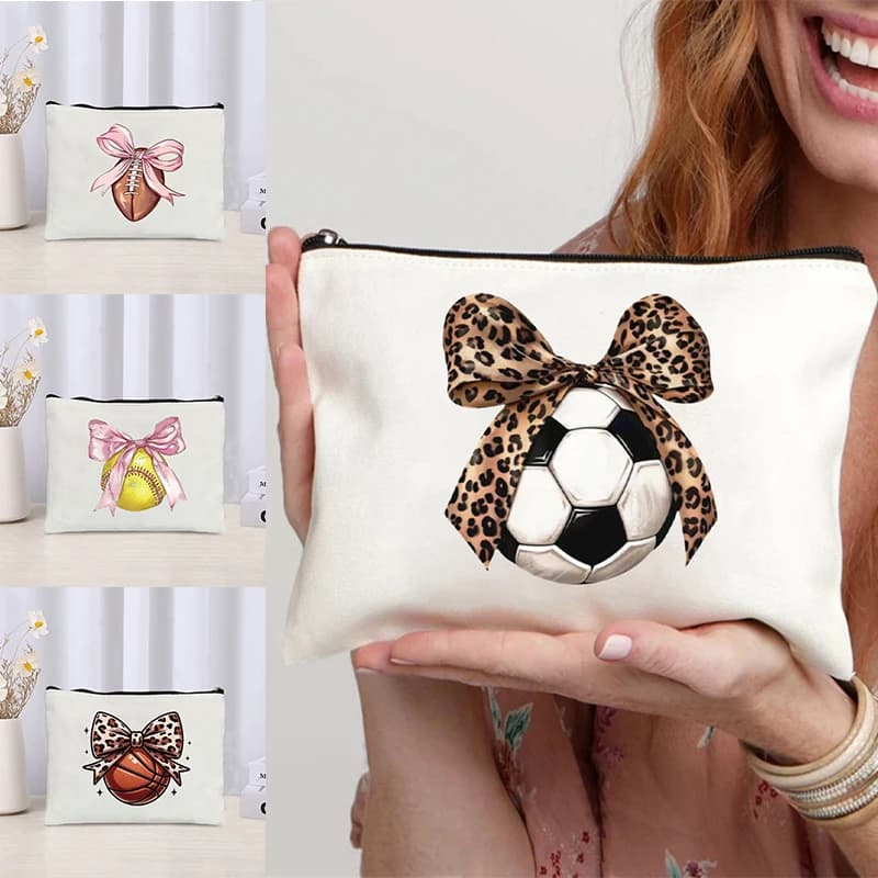 Leopard Bow Football Basketball Series borse di tela stampate custodia per sport all'aria aperta custodia con cerniera borsa per cosmetici da viaggio astuccio per matite