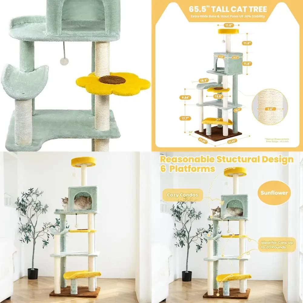 Torre per gatti multilivello 65,5 a tema girasole con tiragraffi, giocattoli e casetta da gioco per gatti di grandi dimensioni
