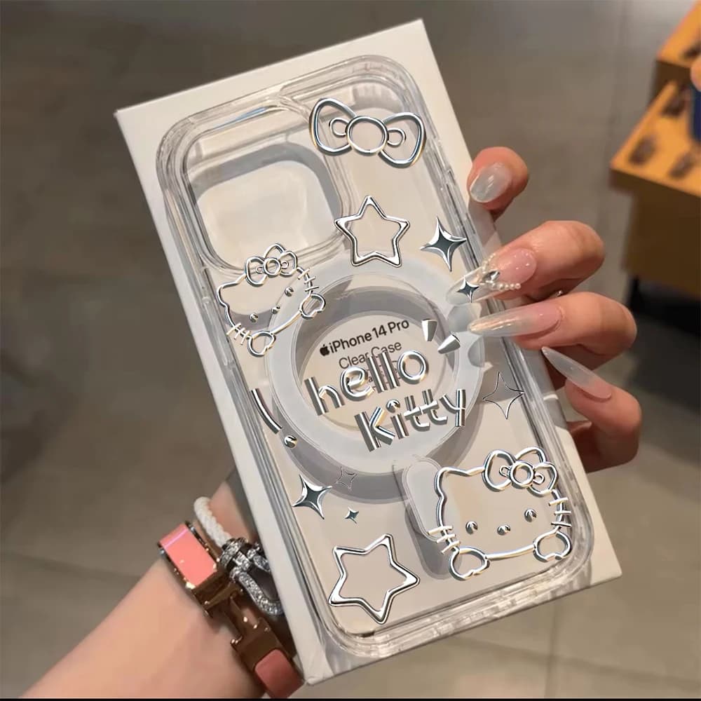 Custodia Magnetica Trasparente Fashion Hello Kitty per iPhone 16 17 13 Pro 15 14 12 11 Pro Max Plus con Ricarica MagSafe