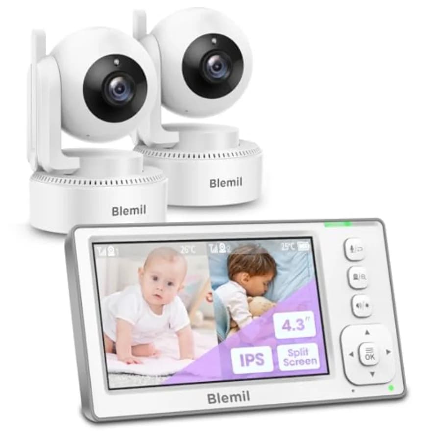 Baby Monitor con 2 Telecamere, Schermo IPS da 4.3'' con Funzione Split-Screen, Batteria da 29 Ore, Portata di 300m, Funzione Pan-Tilt-Zoom, Zoom 2X, Senza WiFi, Nero