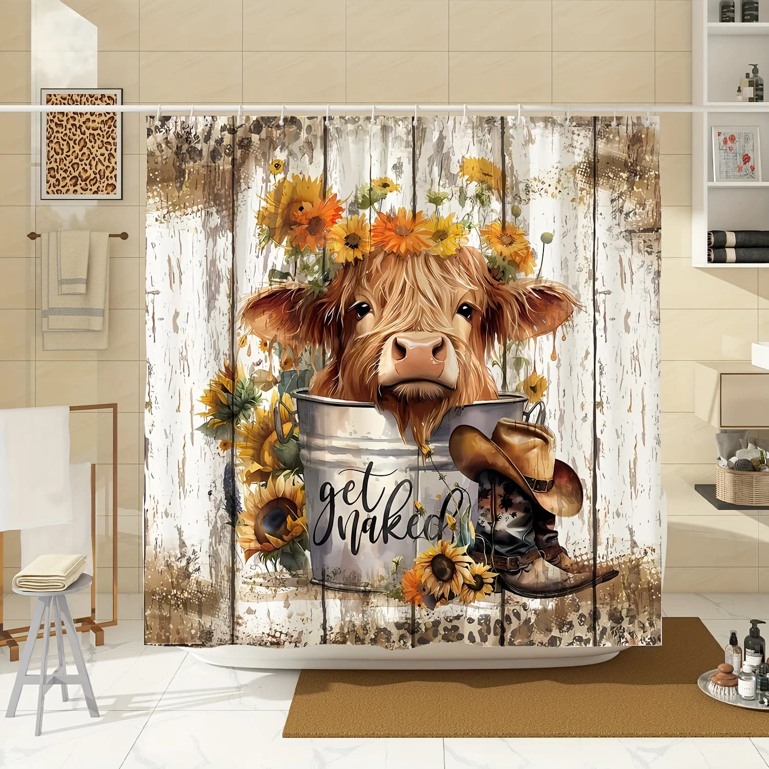 Tenda da doccia in legno nudo con girasole di mucca delle Highland, simpatica tenda da doccia rustica per fattoria, tessuto in poliestere