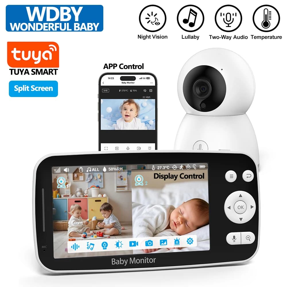 Monitor Video per Bambini Tuya da 5.0 Pollici, Batteria 4000mAh, Wireless, Telecamera 1080P, Audio Bidirezionale, Visione Notturna, Supporto per Riproduzione Video