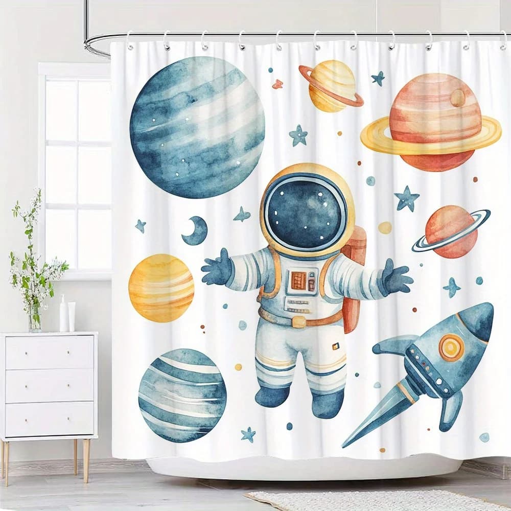 Watercolor Space Shower Curtain, Cute Astronaut and Planets, Galaxy Rocket Design, Kids Bathroom Decor, Waterproof Fabric