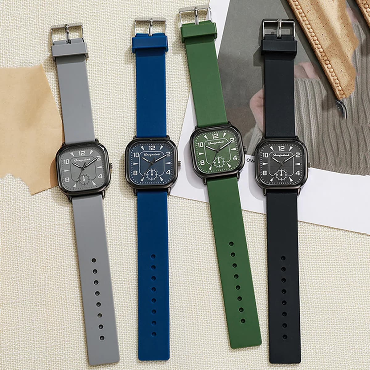 1pc-Fashion Square Women Quartz Watch Casual Silicone Strap Sports Wristwatch For Men Women Students（Without Box）
