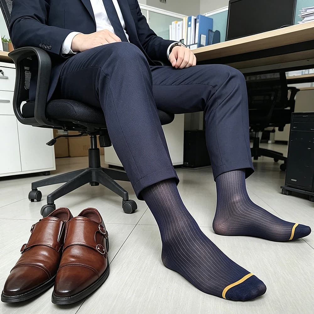 Men's Sheer Vertical Striped Dress Socks Thin Transparent Mid-Calf Business Formal Socks with Colorful Toe Line for Office And W