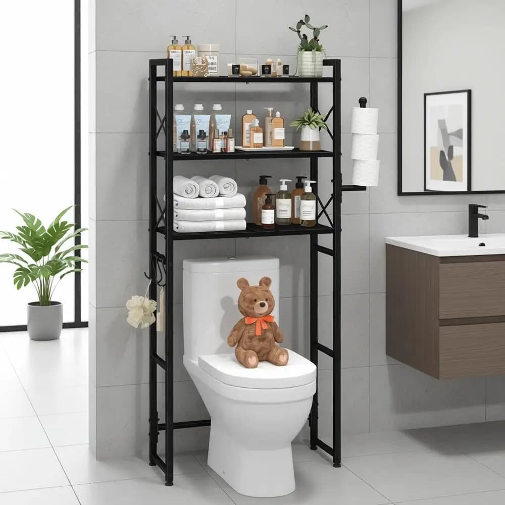Elegante scaffale portaoggetti a 3 livelli in metallo resistente da posizionare sopra il WC con porta carta igienica e 3 ganci, nero