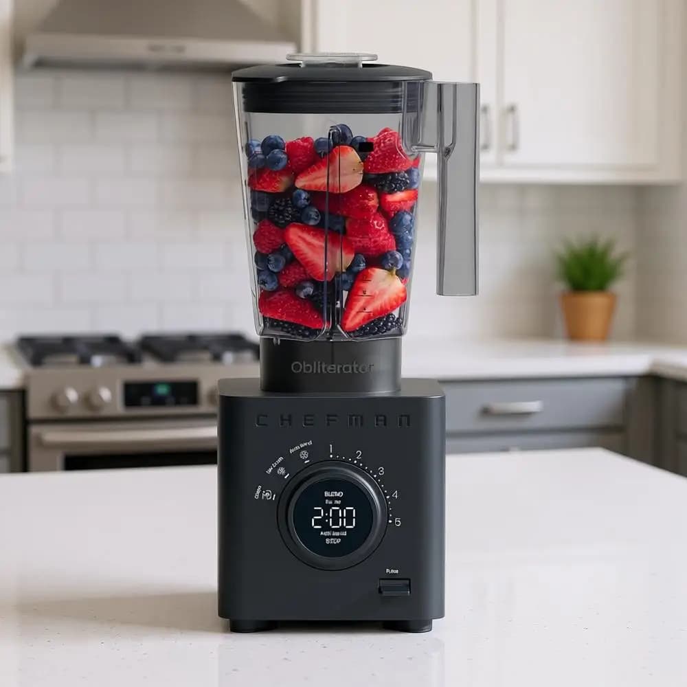 48 ounce counter mixer, 1380 W engine for smoothies, ice chop, dried fruit, frozen fruit, stainless steel blade, automatic mixing function.