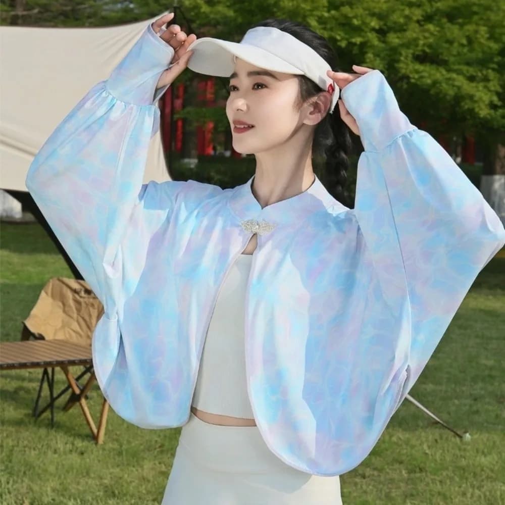 Ice Silk Sunscreen Shawl Solid Color Thin Sun Protection Clothing Long Sleeve Loose Fit Tie-dye UV Protection Cape