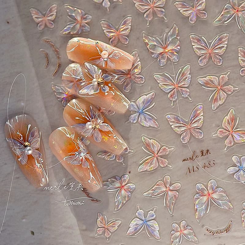 1PC 12.7X8.2CM Aurora Butterfly Nail Stickers Dreamy Butterfly Nail Stickers Laser Shimmer Embossed Nail Art Butterfly Decals