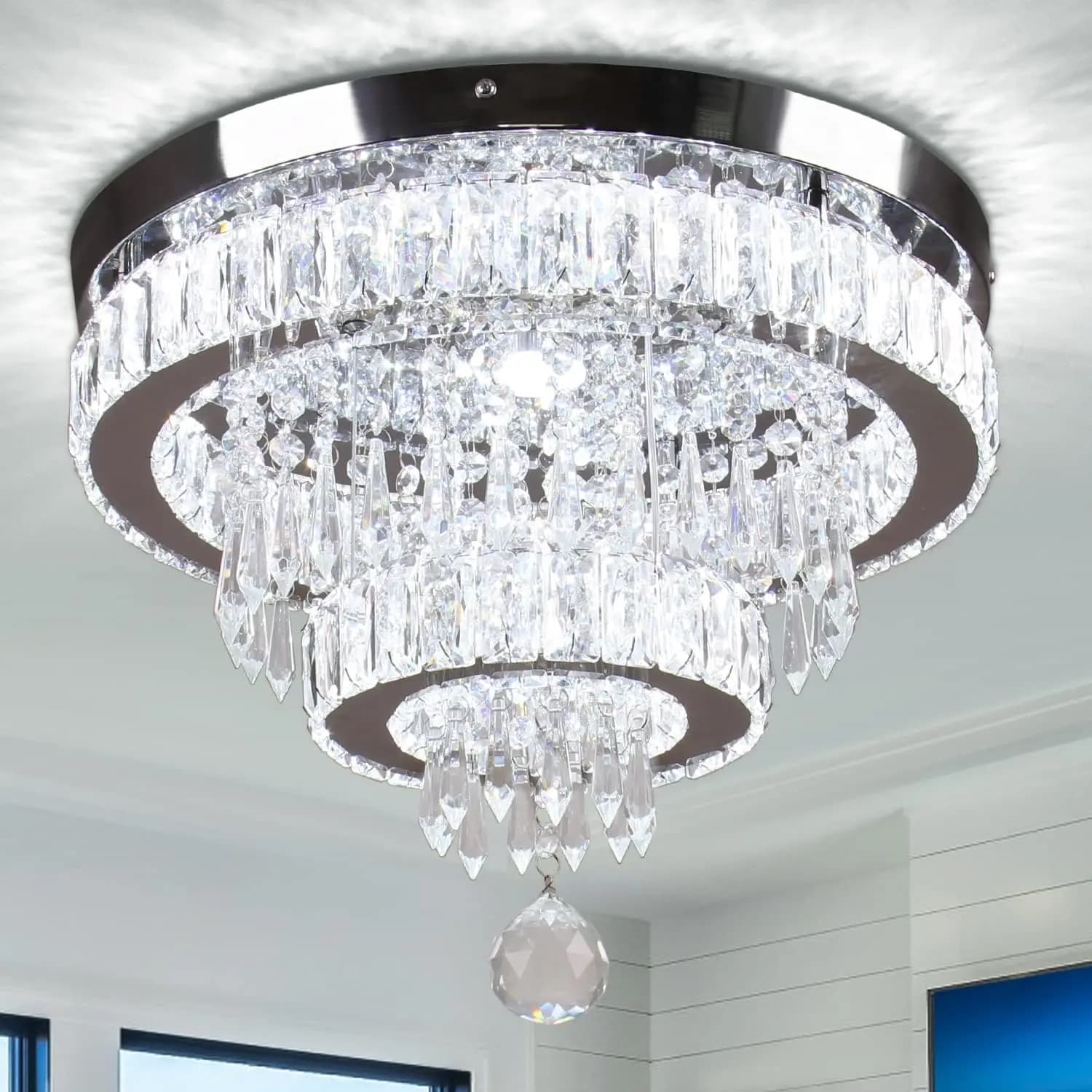 15.7" Crystal Semi Flush Mount Ceiling Light, 2-Ring LED Crystal Chandelier, Cool White 6500K, Non-Dimmable, Built-in LED for Bedroom Hallway Entryway Dining Room