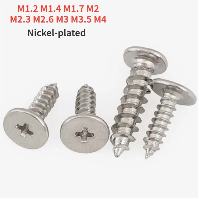 Viti autofilettanti per legno con testa piatta ultra sottile nichelata M1.2 M1.4 M1.7 M2 M2.3 M2.6 M3 M3.5 M4
