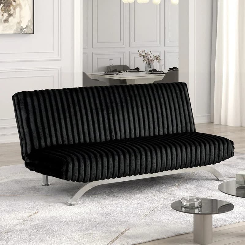 Contemporary Futon Sofa Bed with Chrome Metal Frame and Hidden Black Legs