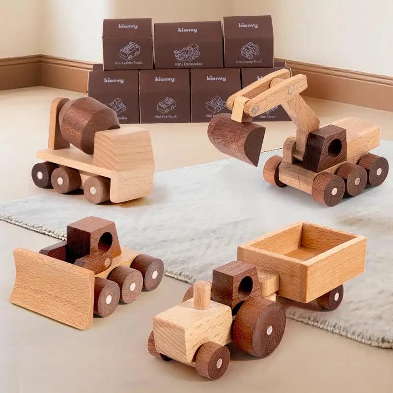 SUSU Set di Giocattoli in Legno per Veicoli da Costruzione, Modello di Escavatore in Legno Naturale, Giocattolo Educativo per Bambini, Regalo di Compleanno