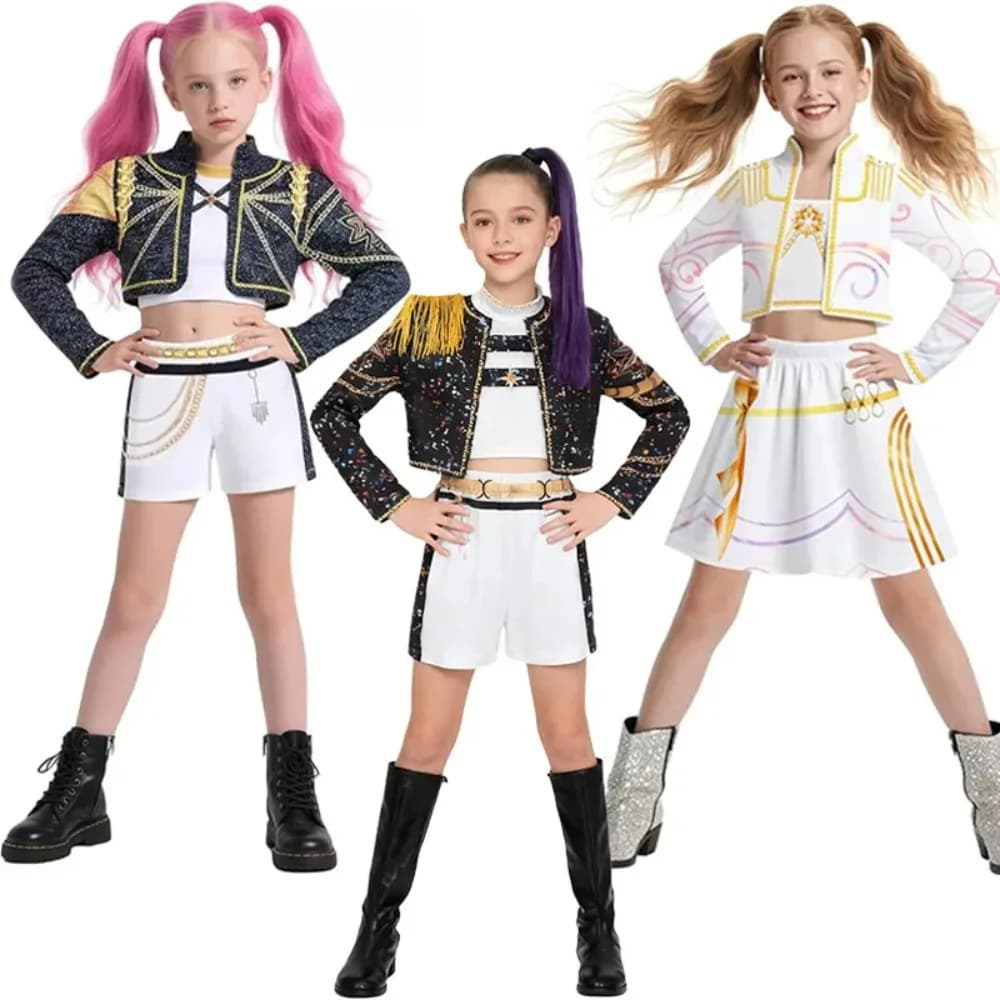 Bambini Rumi Mira Zoey Cosplay KPop Demon Hunters Costume da ragazza K Pop Huntrix Costume nero Bambino Halloween Party Clolthes Outfit