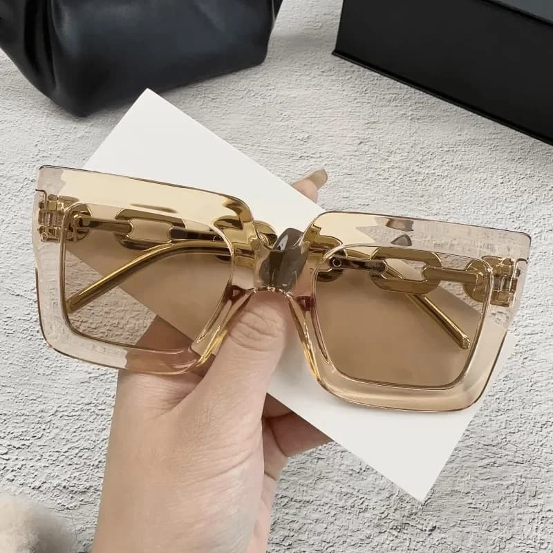 Occhiali da sole con montatura grande e catena, nuovi occhiali da sole quadrati da donna, occhiali alla moda anti-UVDDD