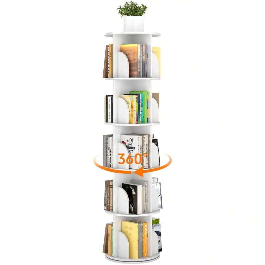 5-Tier Rotating Bookshelf, 360 ° Spinning Vertical Book Tower Organizer, Tall Lazy Susan Corner Bookcase For Adults, Space-Saving Round Storage Shelf For Living Room, Office, Or Study