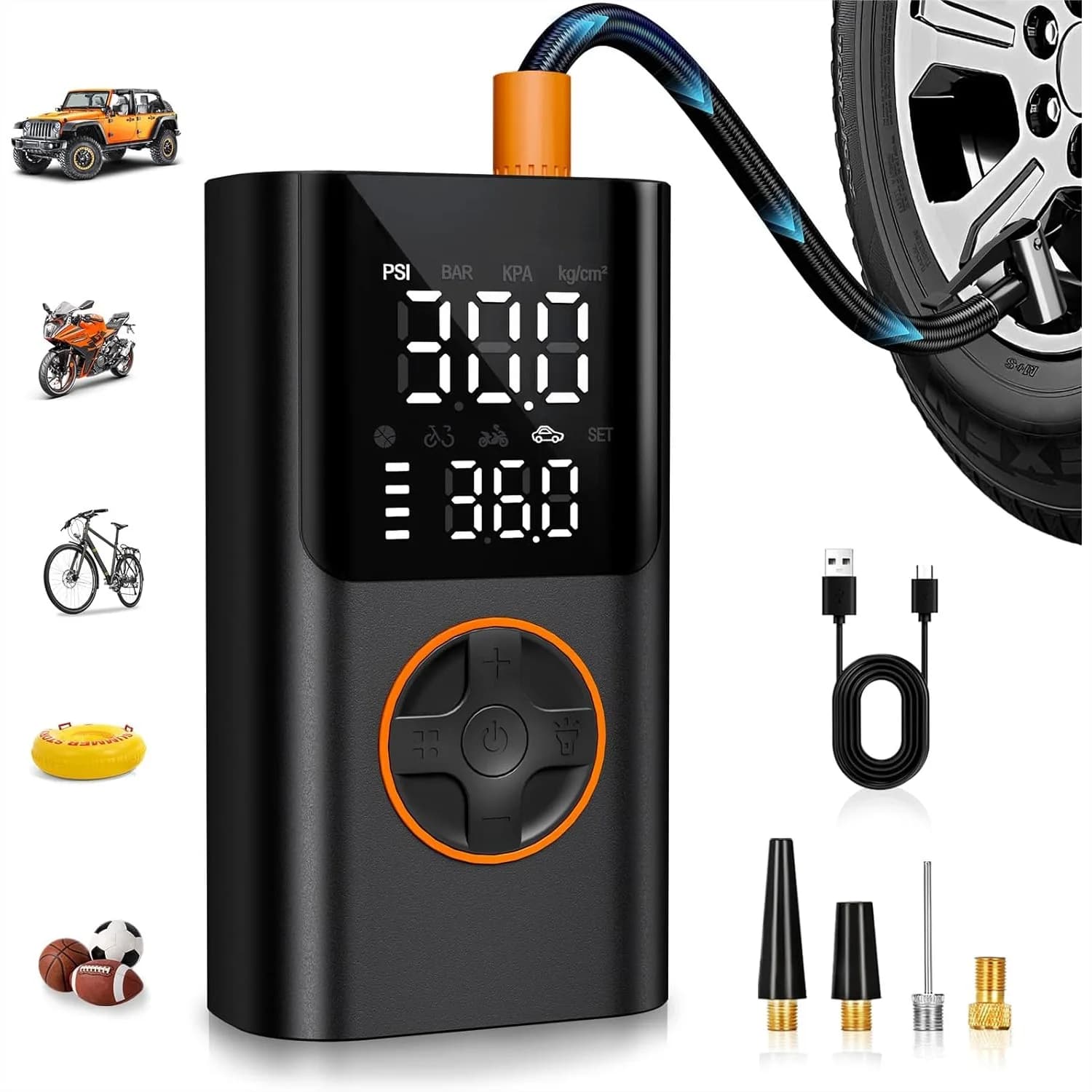 Compressore d'Aria Portatile con Manometro e Ricarica USB, Gonfiaggio Rapido 150PSI per Auto, Bici e Moto, Pratico e Affidabile