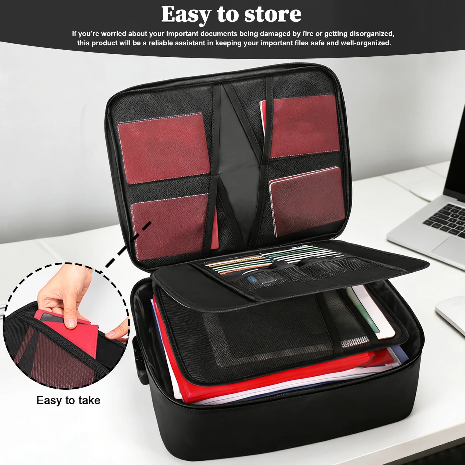 Organizer per Documenti con Serratura, Scatola Ignifuga per Archiviazione con Cerniera Resistente all'Acqua per Laptop, Passaporto, Certificati e Carte