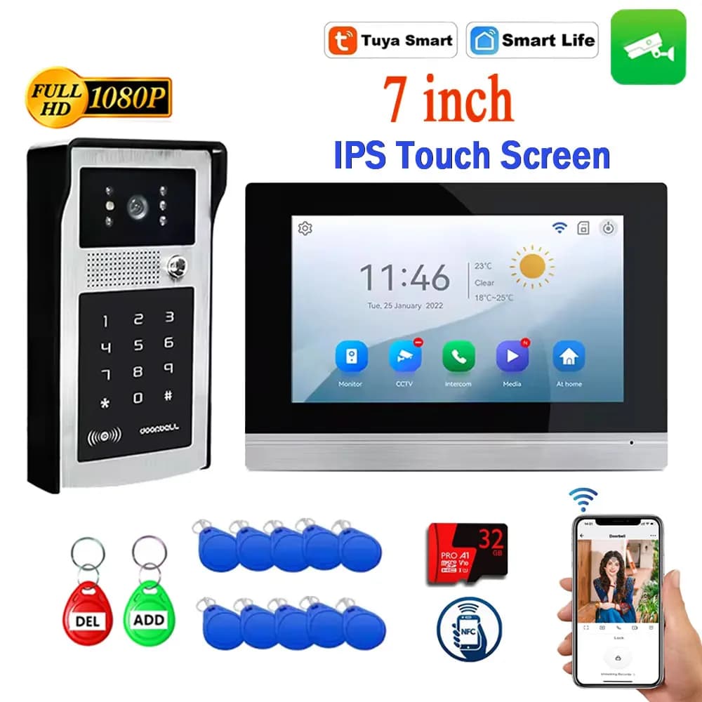Videocitofono WiFi TUYA con Schermo LCD Touch da 7 Pollici, Telecamera Esterna HD, Citofono Video a 4 Fili, Sblocco tramite APP, Password e RFID, Sistema Intercom 32G