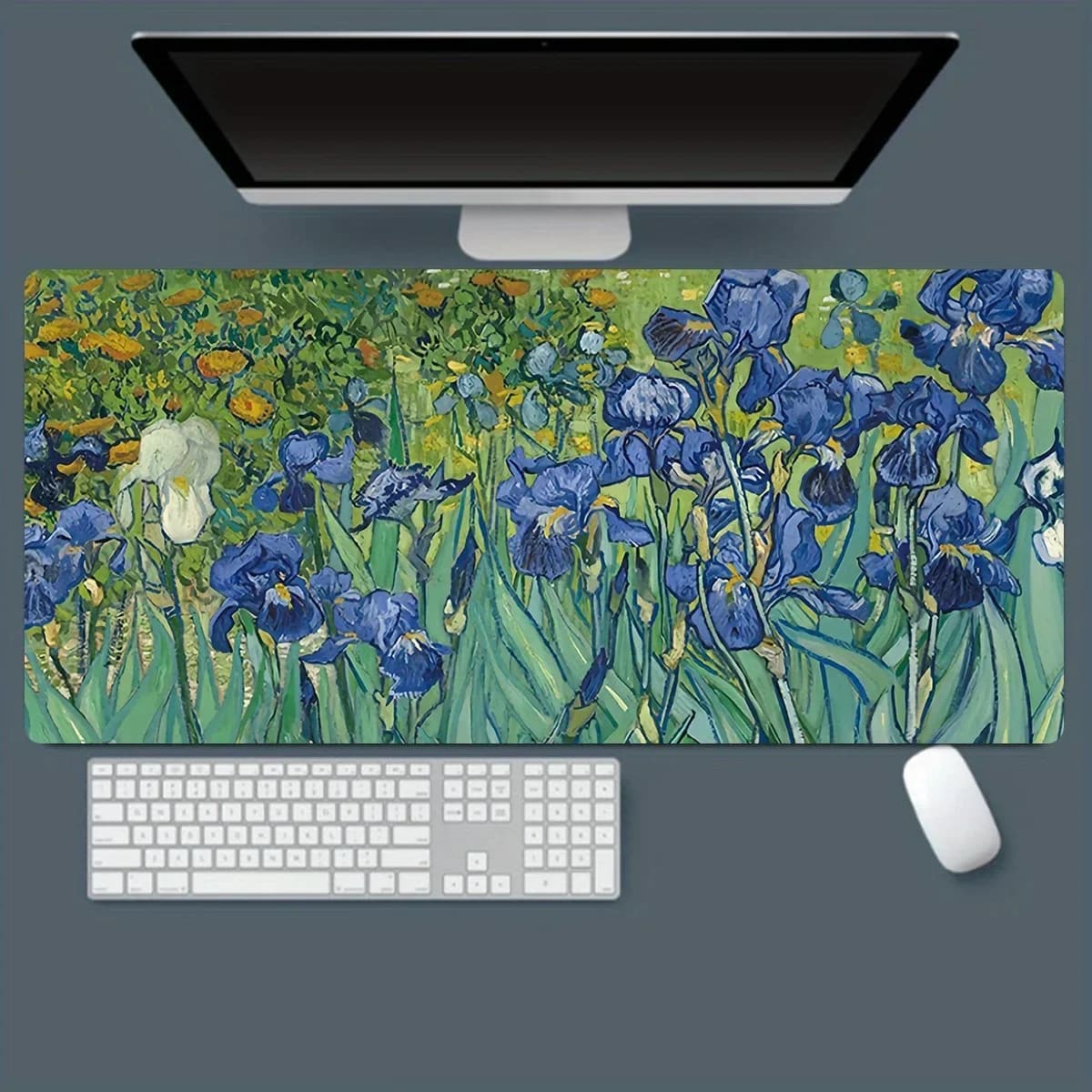 Van Gogh Irises Decor Mouse Pad Non-Slip Rubber Base Stitched Edges Gaming Mat for Office Home & Desktop Decor