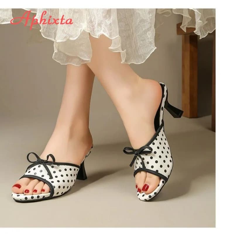 Aphixta Sandali con Tacco Sottile da Donna, Mules a Pois con Tacco a Gattino, Ciabatte con Fiocco e Punta Aperta, Scarpe Estive Casual, Taglia Grande 43