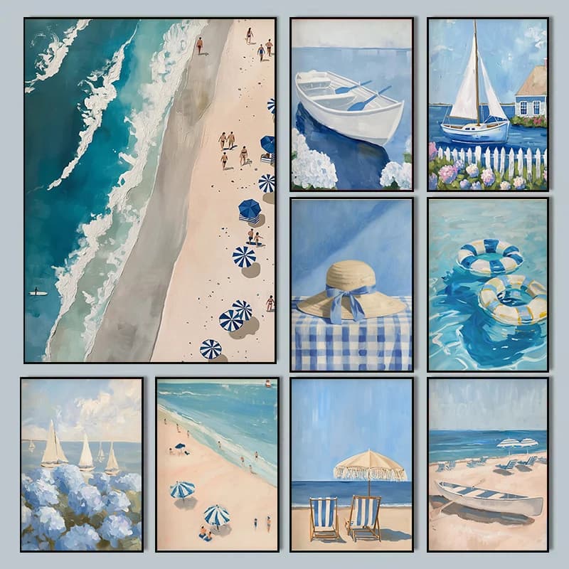 Blue Coastal Beach Sailboat Hydrangea Landscape Posters Prints Canvas Painting Wall Art Pictures Living Room Home Decor Cuadros