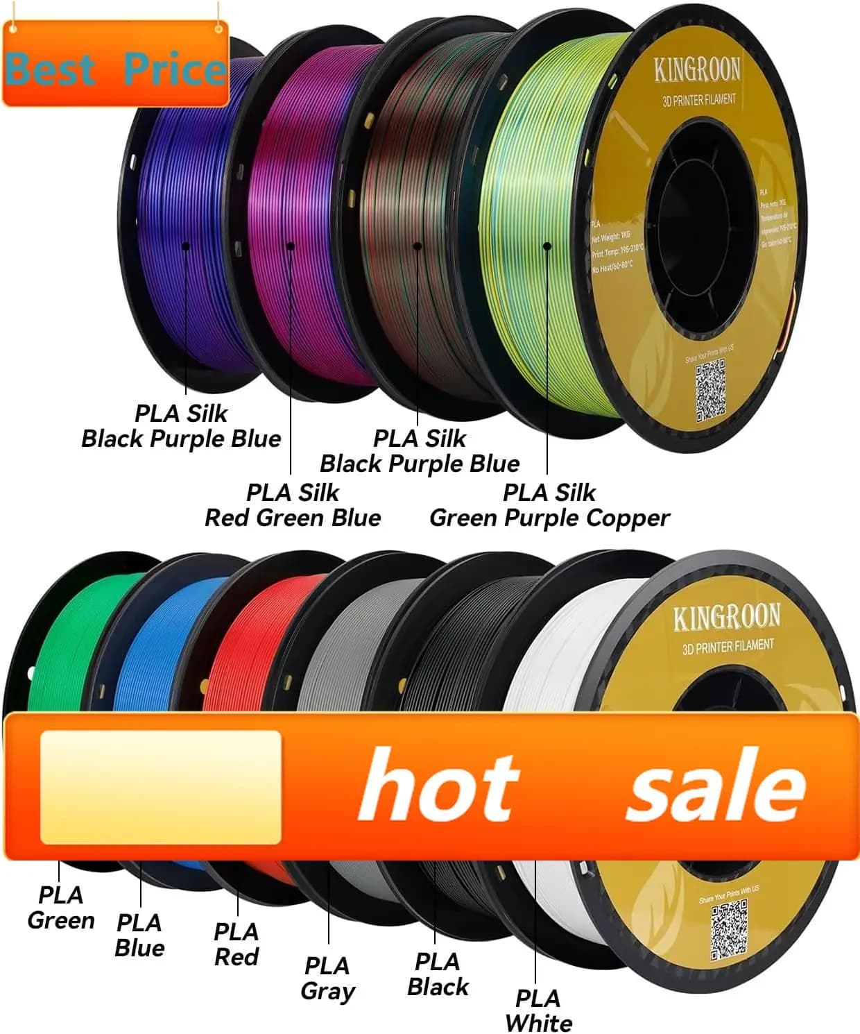 Kingroon PLA 3D Printer Filament,10 Rolls, 10kg Spool(22lbs),Single and Triple Color1.75 mm,4 Triple Color Silk PLA+6 PLA
