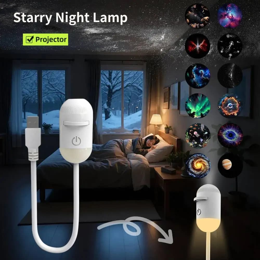 Mini proiettore di stelle 2-in-1 - Lampada notturna a cielo stellato per camera da letto, sonno e decorazione, luce notturna per bambini