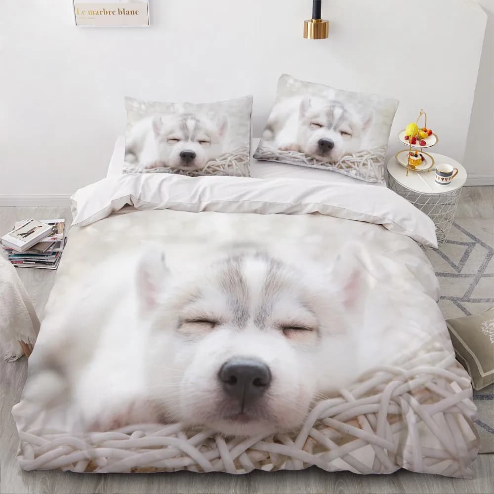 Set di biancheria da letto 3D per animali adorabili Set copripiumino bianco Set trapunta Biancheria da letto Federa King Queen 200 * 220 cm Dimensioni Cani Animali domestici Cane