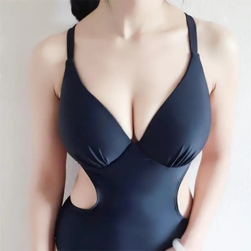 Costume da bagno da donna scollato a V profondo, termico, sexy, con reggiseno a coppa D/E, supporto in acciaio, effetto push-up, per seni grandi, nero