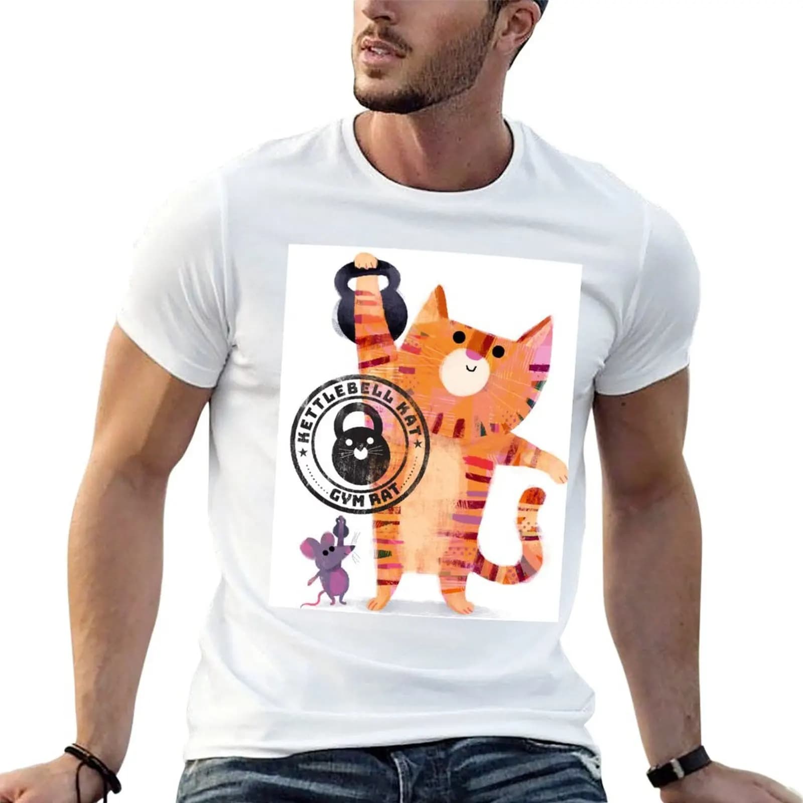 T-shirt Kettlebell Kats, t-shirt con stampa personalizzata, t-shirt da uomo, t-shirt grafiche per uomo, confezione di t-shirt bianche